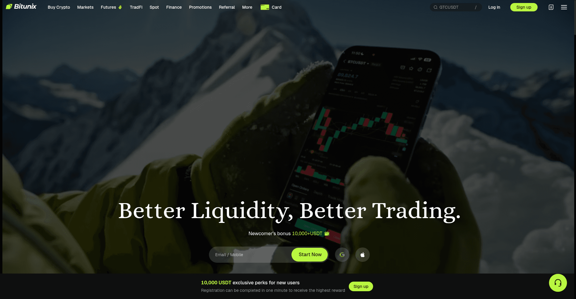 Bitunix homepage with the smarter trade tagline and platform statistics