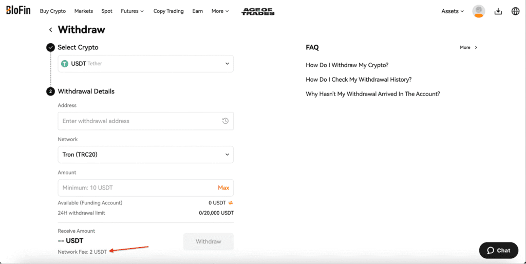 BloFin withdrawal page showing the 20,000 USDT 24-hour withdrawal limit and network fee