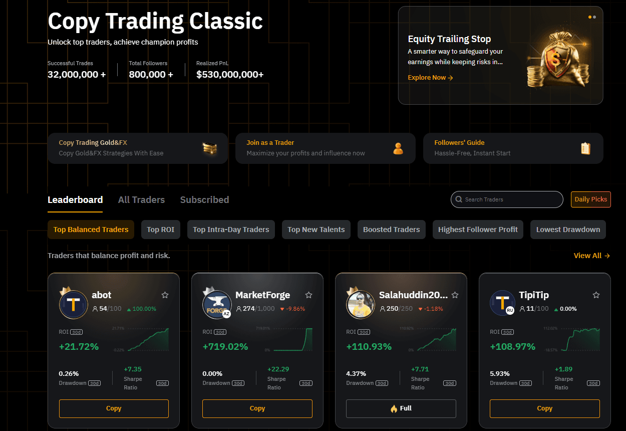 Bybit copy trading interface showing available trader strategies