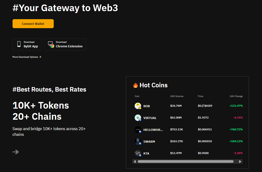 Bybit Web3 portal showing hot coins across multiple blockchains