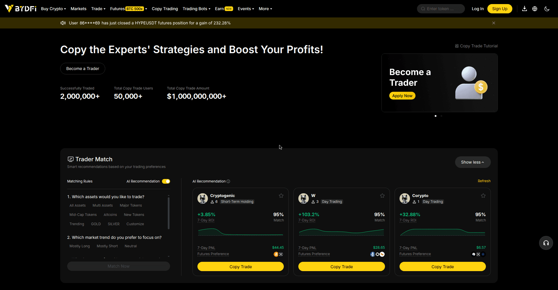 BYDFi copy trading page showing the trader match feature and performance statistics