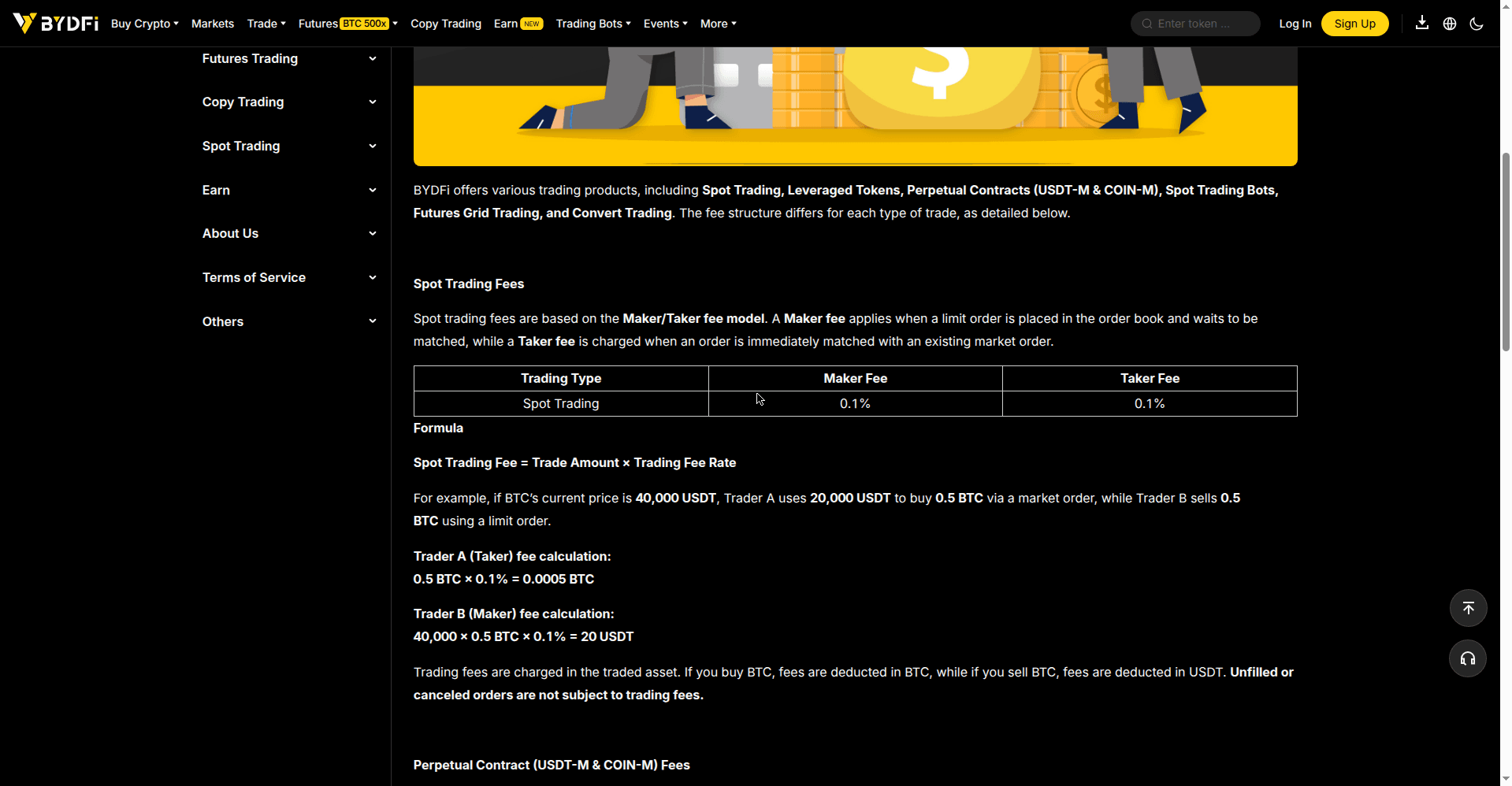 BYDFi official fee schedule showing spot trading fees of 0.1% maker and 0.1% taker
