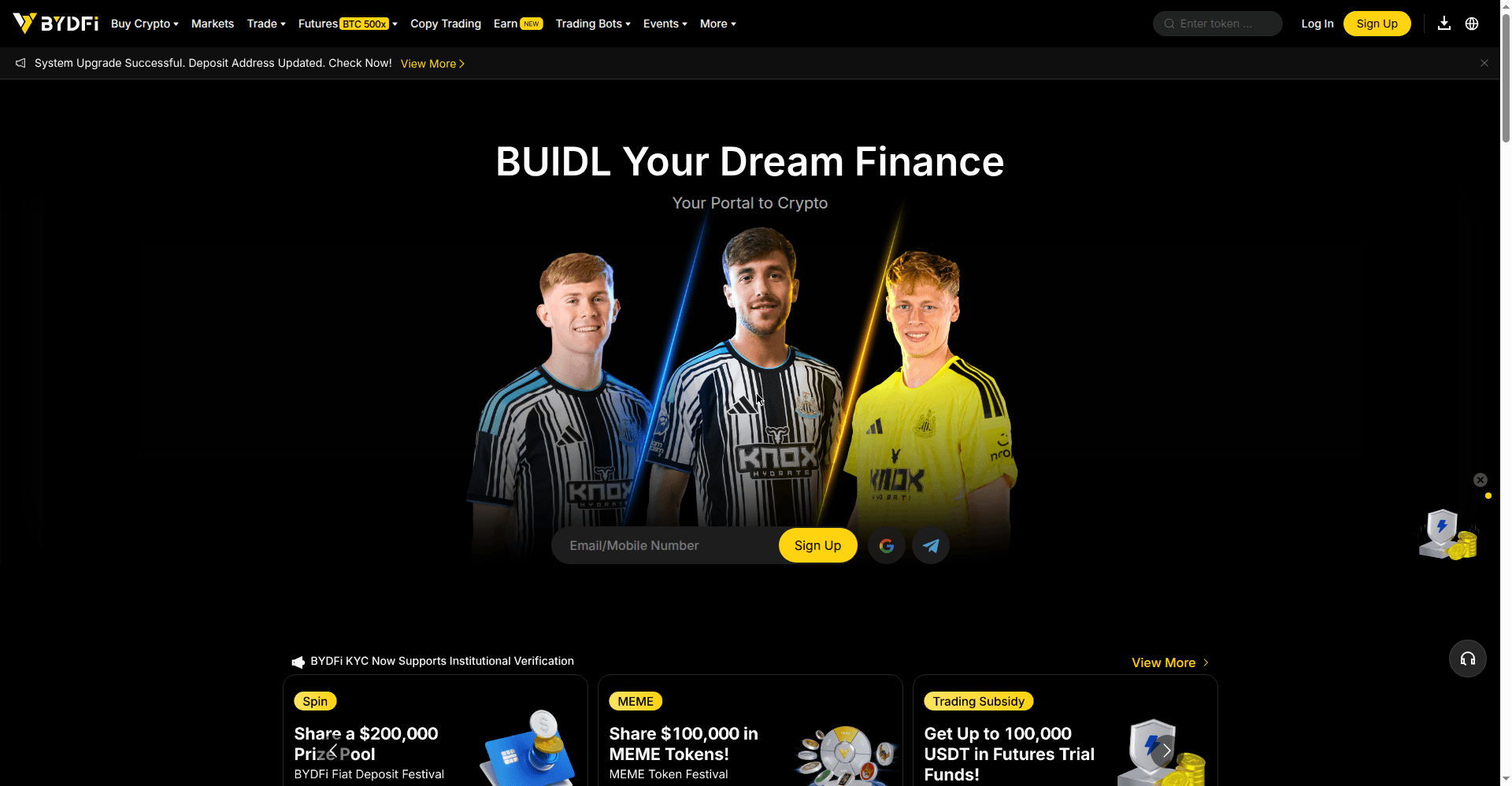 BYDFi homepage with the BUIDL Your Dream Finance tagline and 500x futures navigation