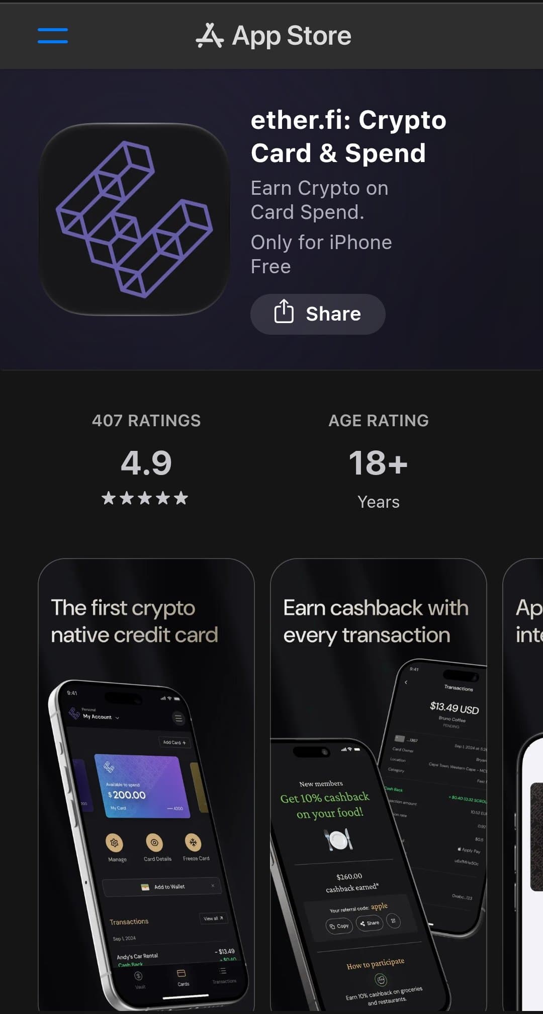 ether.fi app App Store listing showing 4.9 stars from 407 ratings with an 18 plus age rating