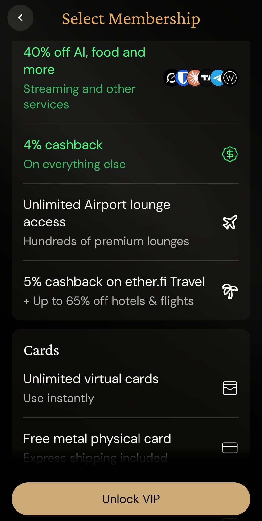 ether.fi Cash VIP membership details showing 40 percent off AI and food, 4 percent cashback, unlimited airport lounge access, and unlimited virtual cards