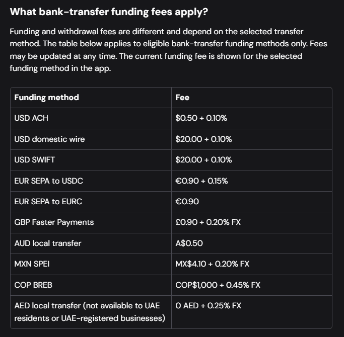 ether.fi help center table listing bank-transfer funding fees for USD ACH, wire, SWIFT, EUR SEPA, GBP, AUD, MXN, COP, and AED