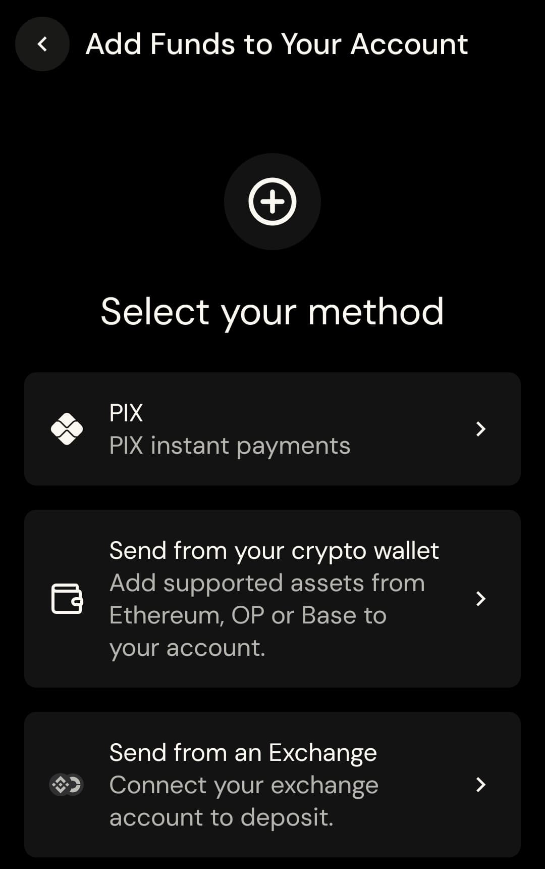 ether.fi app Add Funds screen offering PIX instant payments, sending from a crypto wallet, or sending from an exchange