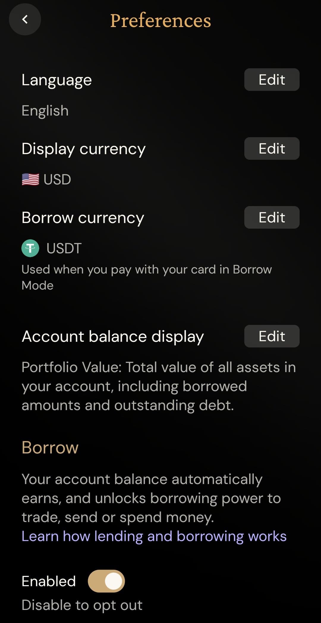 ether.fi app Preferences screen showing borrow currency set to USDT and the Borrow feature enabled with an opt-out toggle