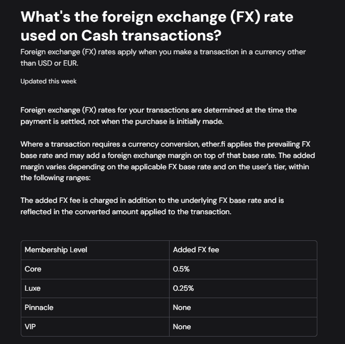 ether.fi help center table showing added FX fees by tier: 0.5 percent on Core, 0.25 percent on Luxe, and none on Pinnacle or VIP