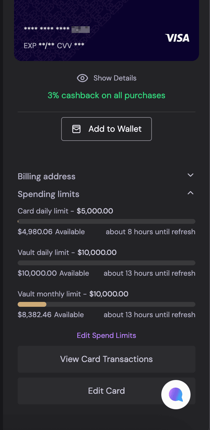 ether.fi Cash card details panel showing the virtual Visa card, 3 percent cashback on all purchases, and spending limits