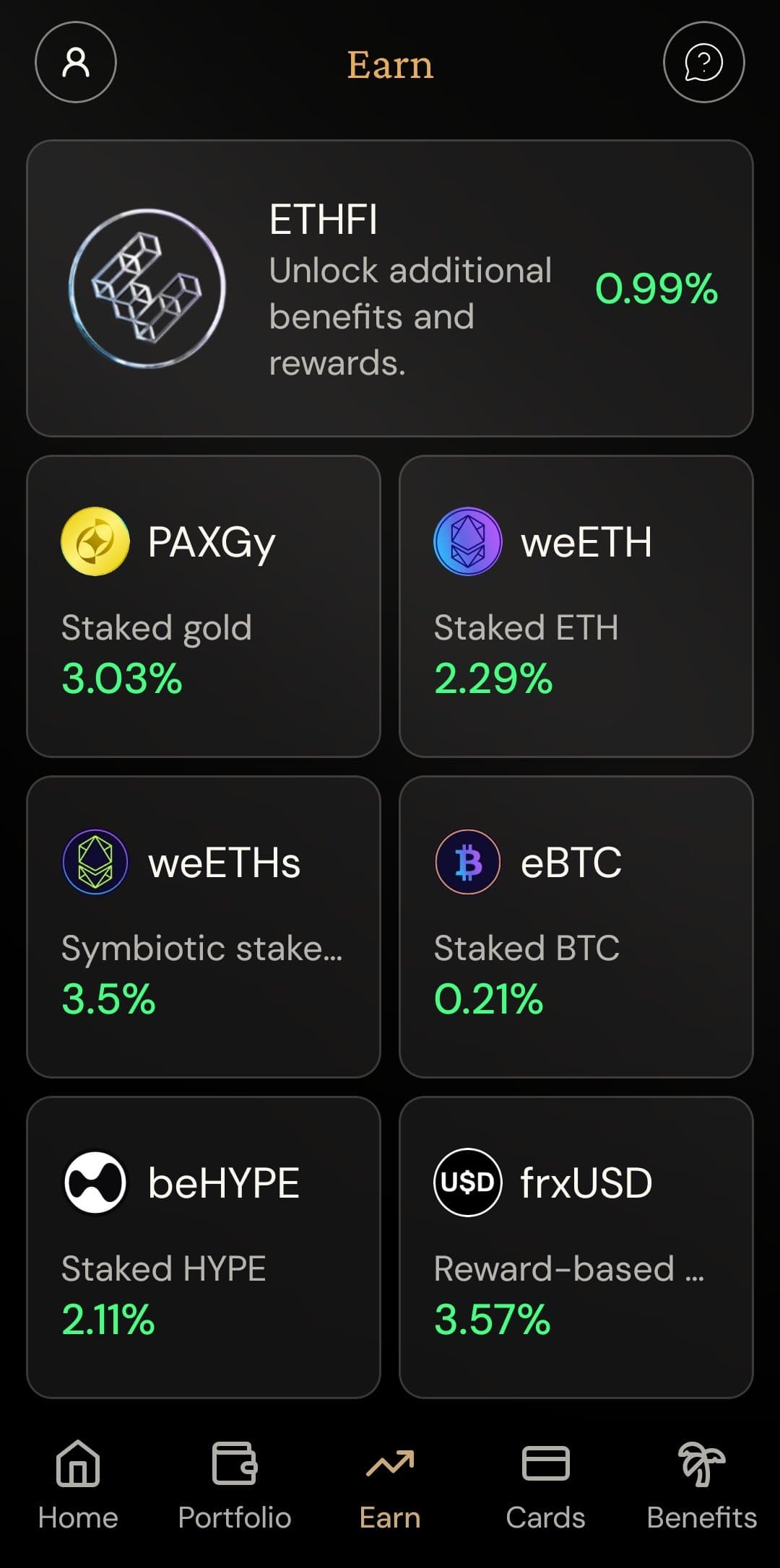 ether.fi app Earn screen showing reward rates: PAXGy 3.03 percent, weETH 2.29 percent, weETHs 3.5 percent, eBTC 0.21 percent, beHYPE 2.11 percent, and frxUSD 3.57 percent