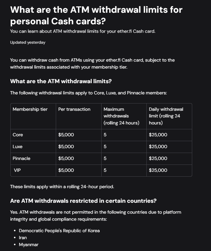 ether.fi help center table showing ATM withdrawal limits of 5,000 dollars per transaction, 5 withdrawals per rolling 24 hours, and a 25,000 dollar daily limit on all tiers