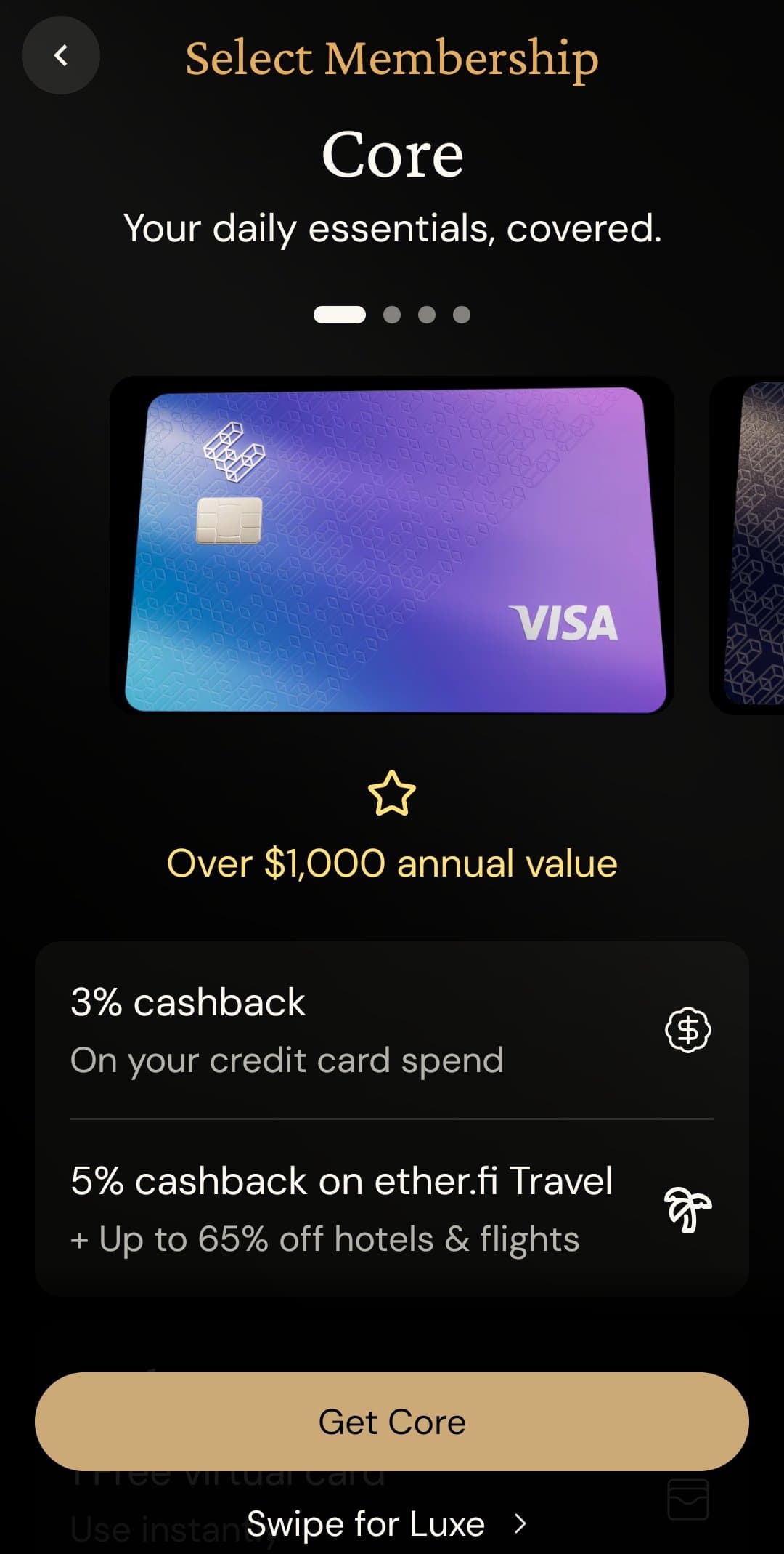 ether.fi Cash Core membership screen showing the physical Visa card with 3 percent cashback on card spend and 5 percent back on ether.fi Travel