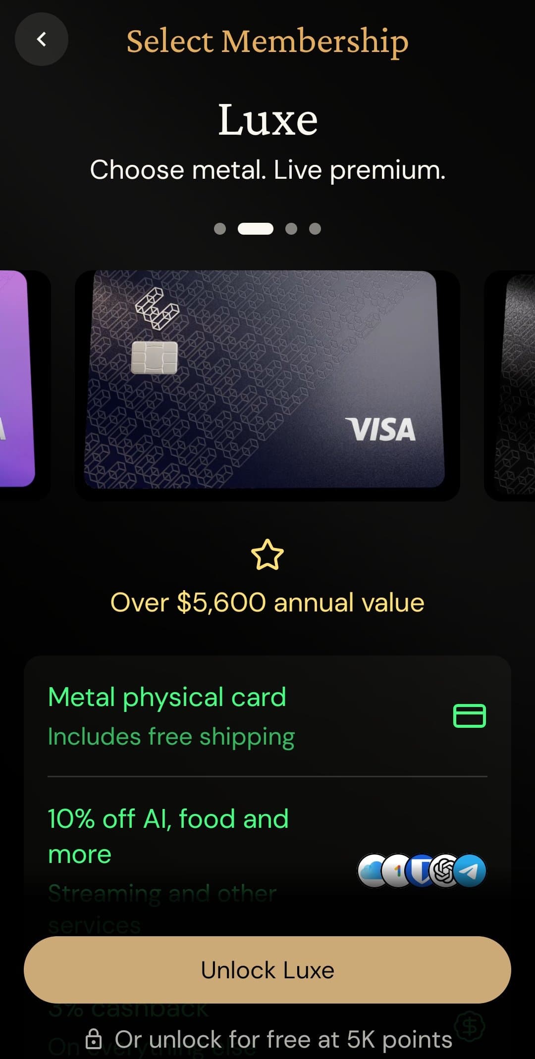 ether.fi Cash Luxe membership screen showing the metal Visa card with 10 percent off AI, food, and streaming