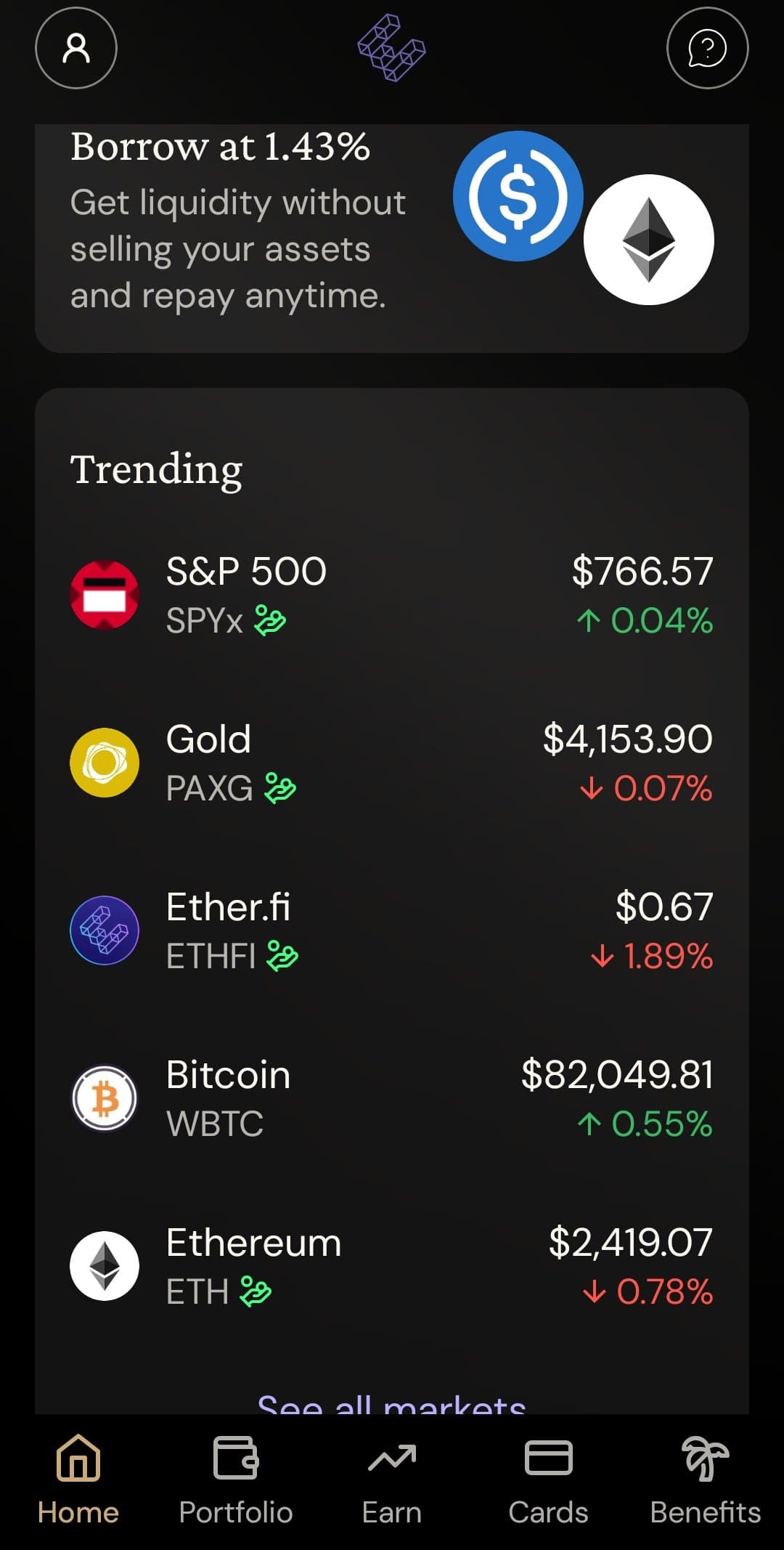 ether.fi app home banner advertising borrowing at 1.43 percent to get liquidity without selling assets, above the trending markets list