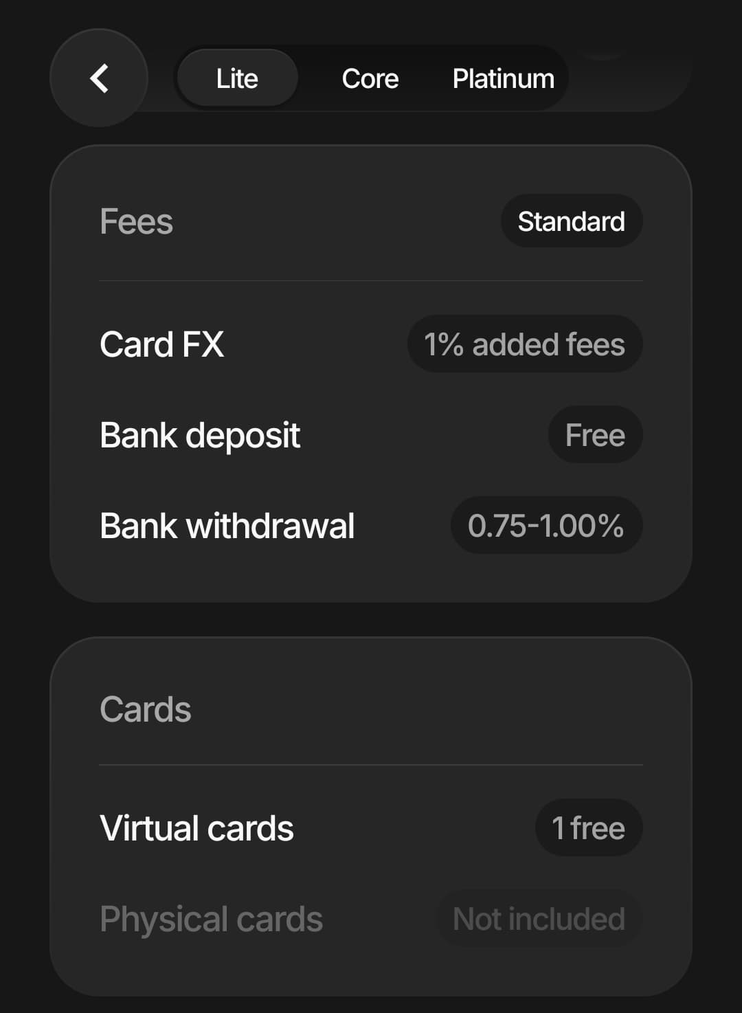 Plasma One app Lite fee screen showing card FX at 1 percent added fees, free bank deposits, bank withdrawal at 0.75 to 1.00 percent, 1 free virtual card, and no physical card