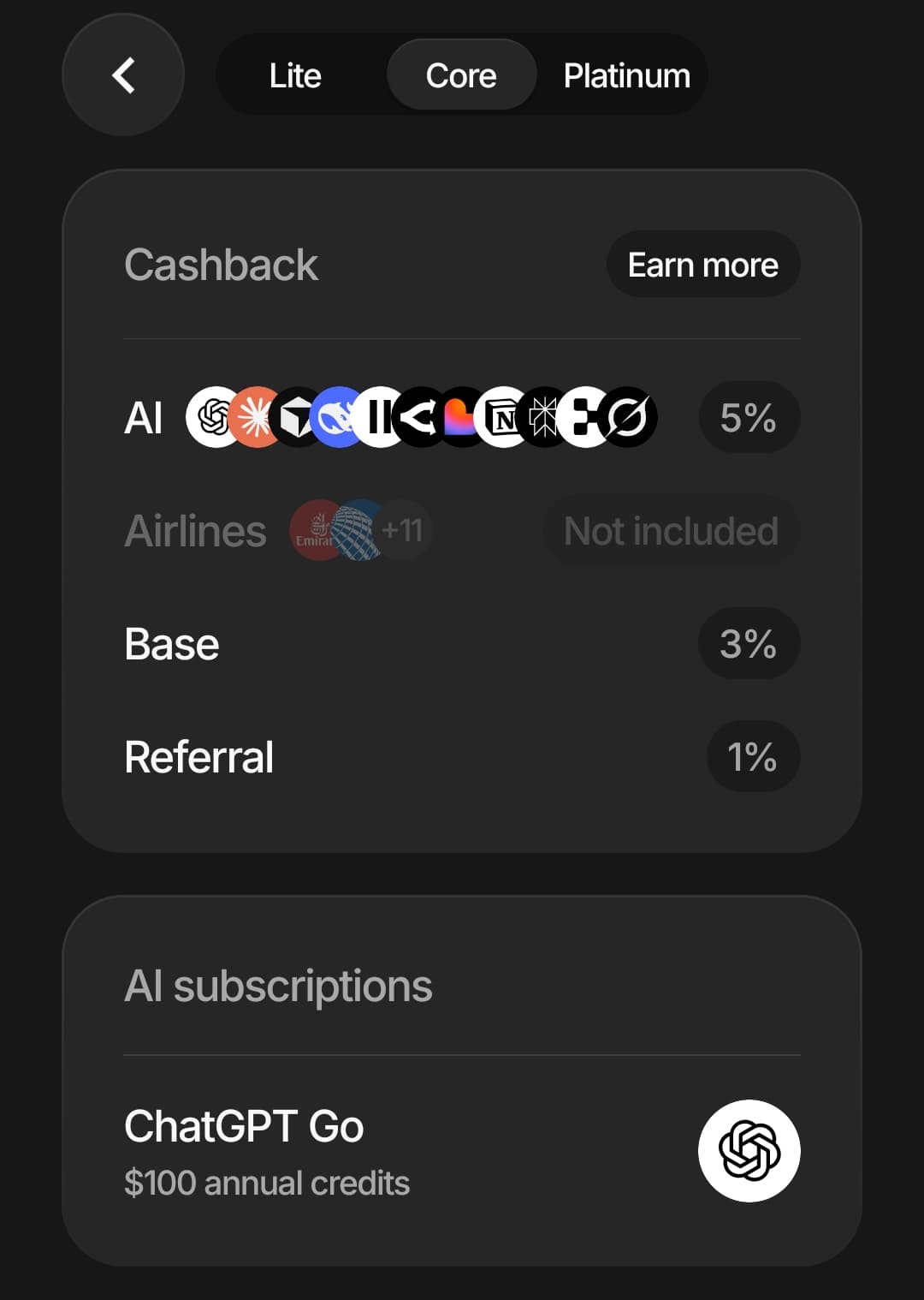 Plasma One app Core cashback breakdown showing 5 percent AI cashback, 3 percent base cashback, 1 percent referral, and a 100 dollar annual ChatGPT Go credit