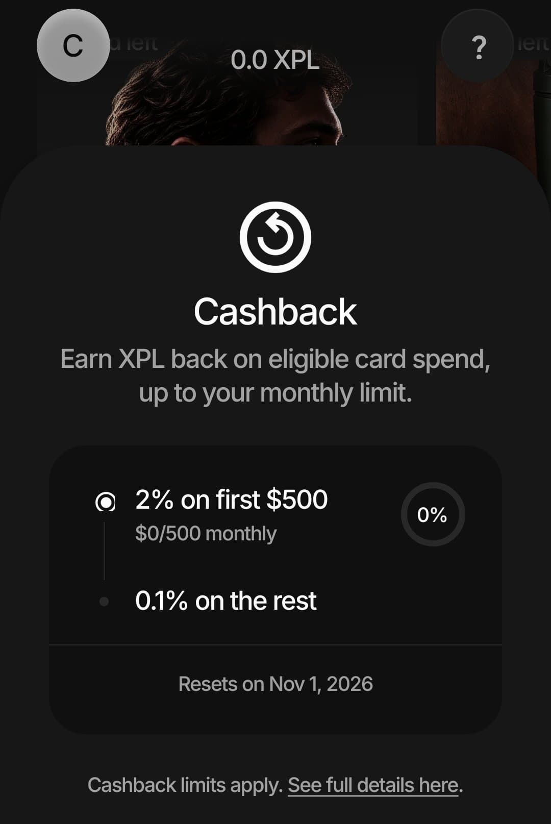 Plasma One app cashback tracker showing 2 percent back on the first 500 dollars of monthly spend and 0.1 percent on the rest, resetting on November 1
