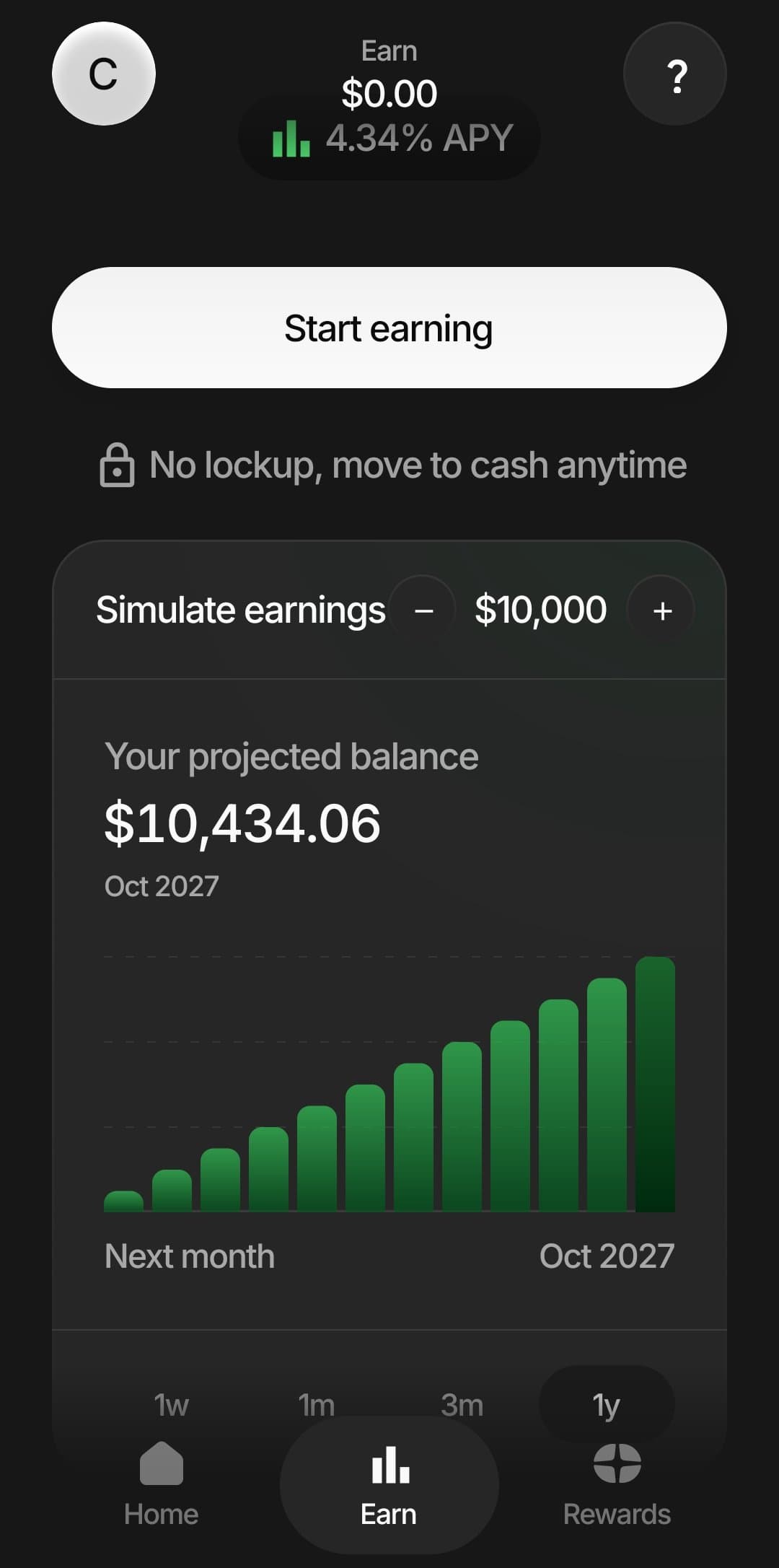 Plasma One app Earn screen showing 4.34 percent APY with no lockup, a start earning button, and an earnings simulator projecting 10,434 dollars on a 10,000 dollar balance after one year