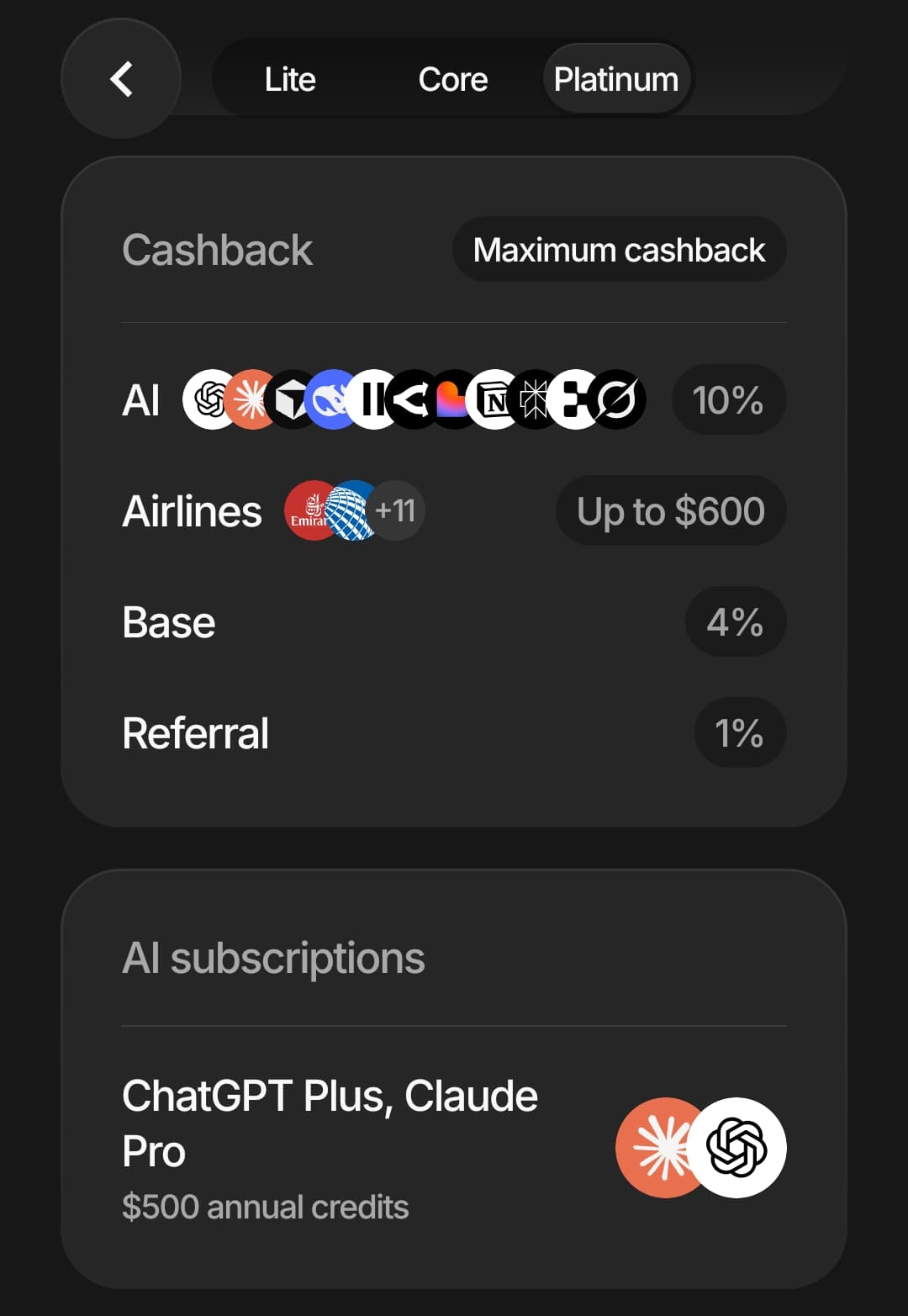 Plasma One app Platinum cashback breakdown showing 10 percent AI cashback, up to 600 dollars airline cashback, 4 percent base cashback, and 1 percent referral