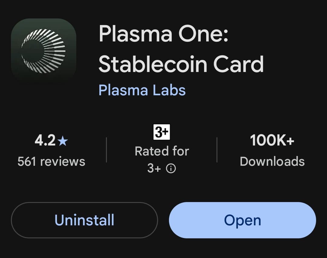 Google Play listing for Plasma One Stablecoin Card showing 4.2 stars from 561 reviews and over 100,000 downloads