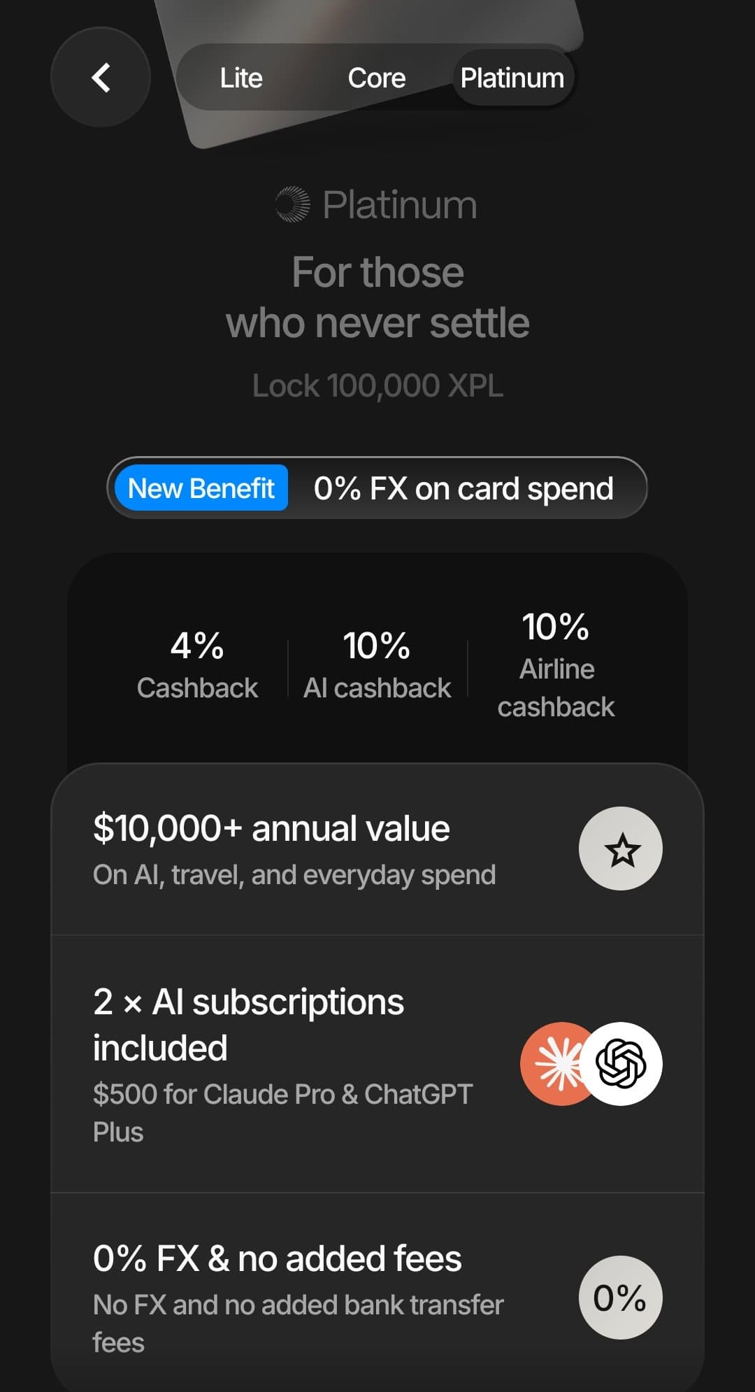 Plasma One app Platinum tier screen showing 4 percent cashback, 10 percent AI and airline cashback, a 100,000 XPL lock requirement, and 0 percent FX on card spend