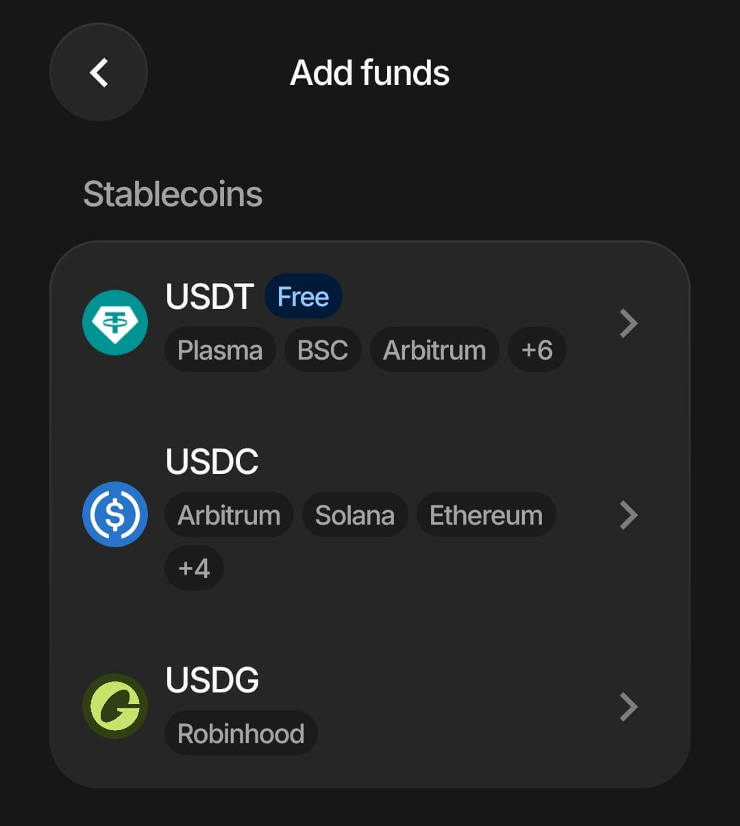 Plasma One app Add Funds screen listing USDT, USDC, and USDG deposits with their supported blockchain networks