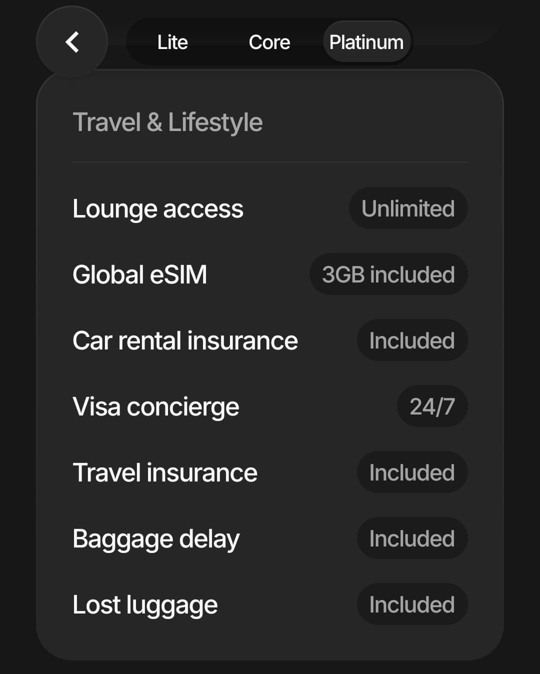 Plasma One app Platinum travel and lifestyle screen showing unlimited lounge access, 3GB global eSIM included, car rental insurance, 24/7 Visa concierge, and included travel insurance, baggage delay, and lost luggage cover