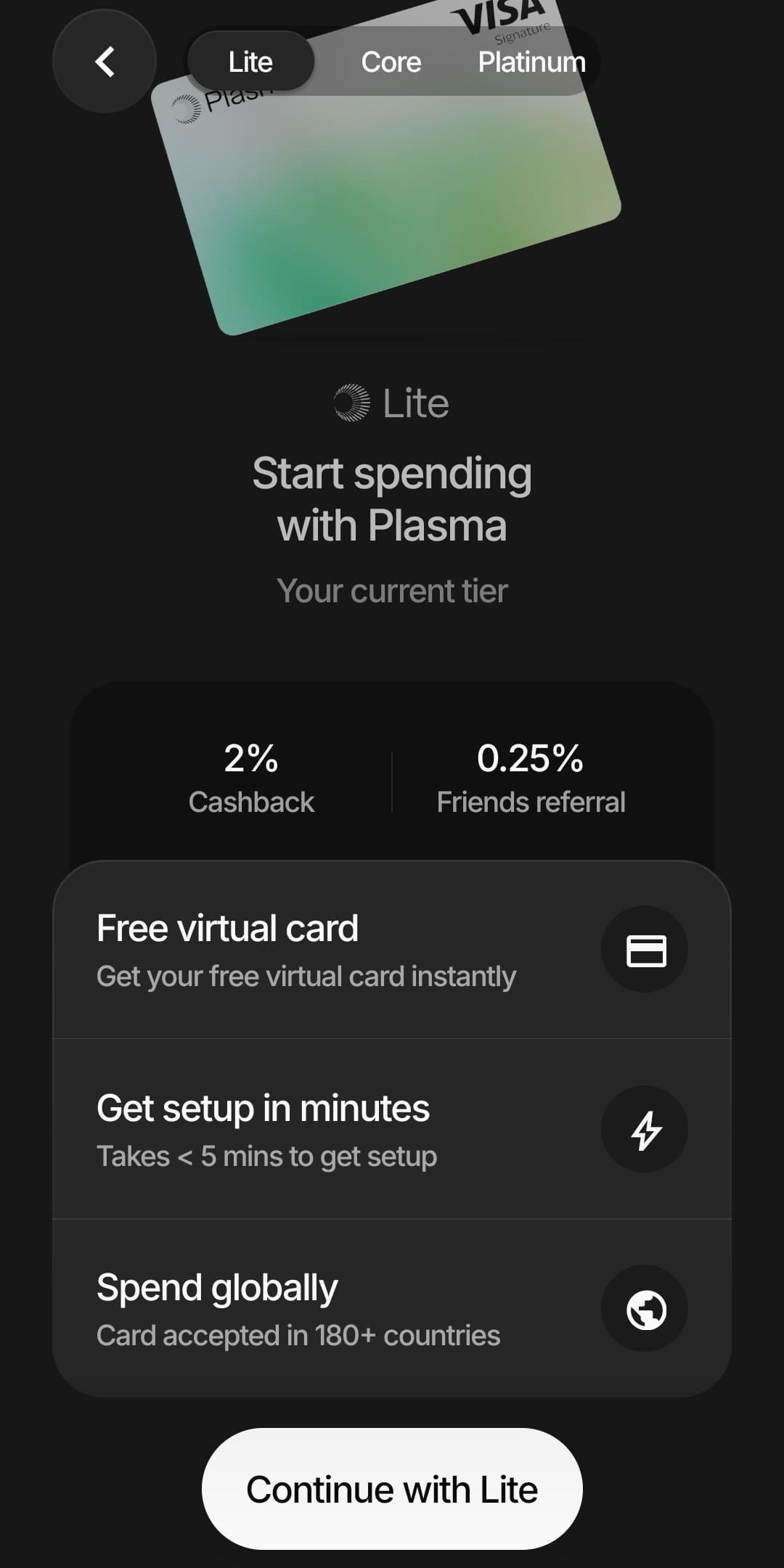 Plasma One app Lite tier screen showing the free virtual Visa card, 2 percent cashback, and spending in over 180 countries
