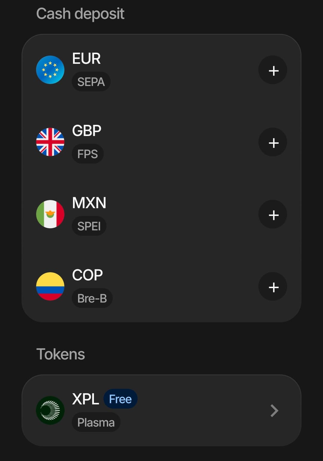 Plasma One app cash deposit screen showing EUR via SEPA, GBP via Faster Payments, MXN via SPEI, COP via Bre-B, and the XPL token