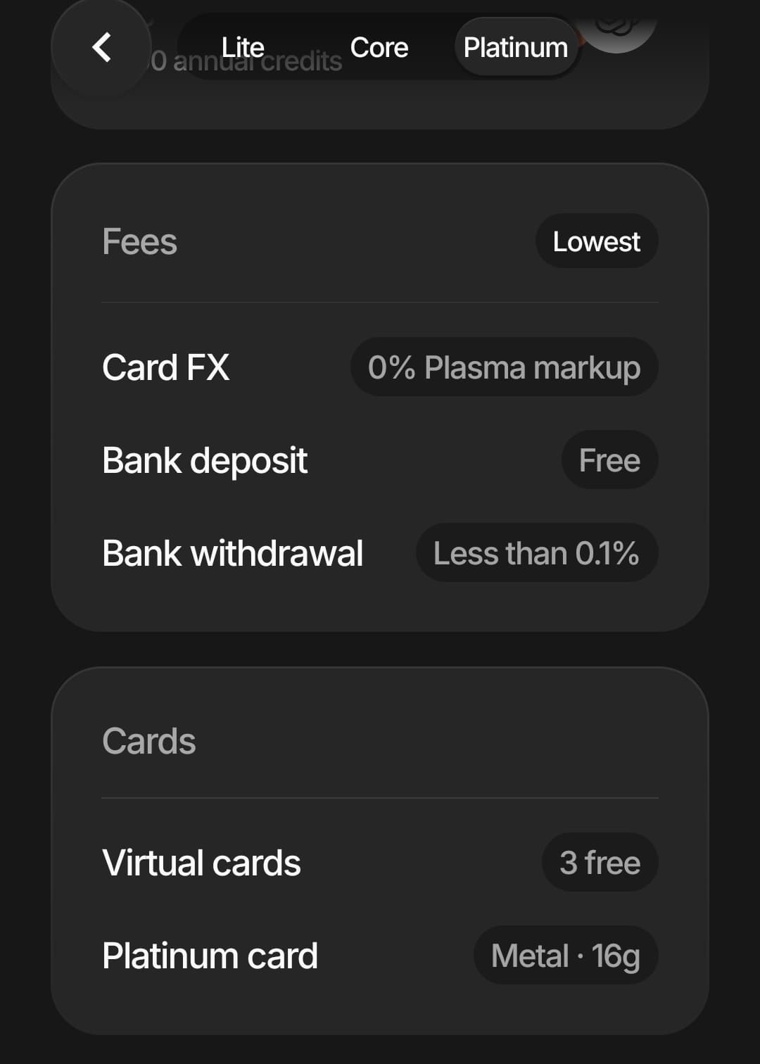 Plasma One app Core fee screen showing card FX at 0.5 percent added fees, free bank deposits, bank withdrawal at 0.25 to 0.35 percent, 2 free virtual cards, and 1 free physical card