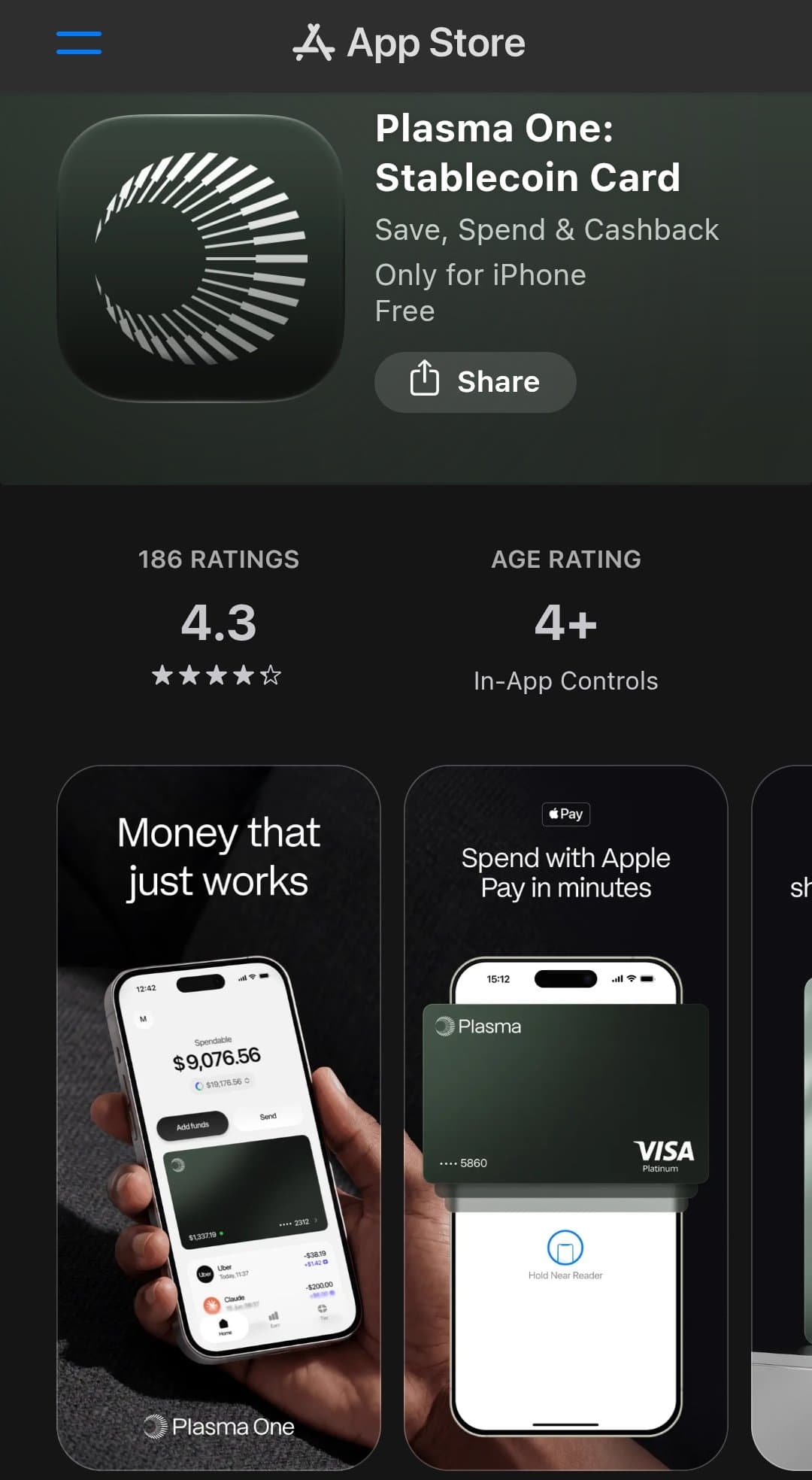App Store listing for Plasma One Stablecoin Card showing 4.3 stars from 186 ratings with previews for Apple Pay spending