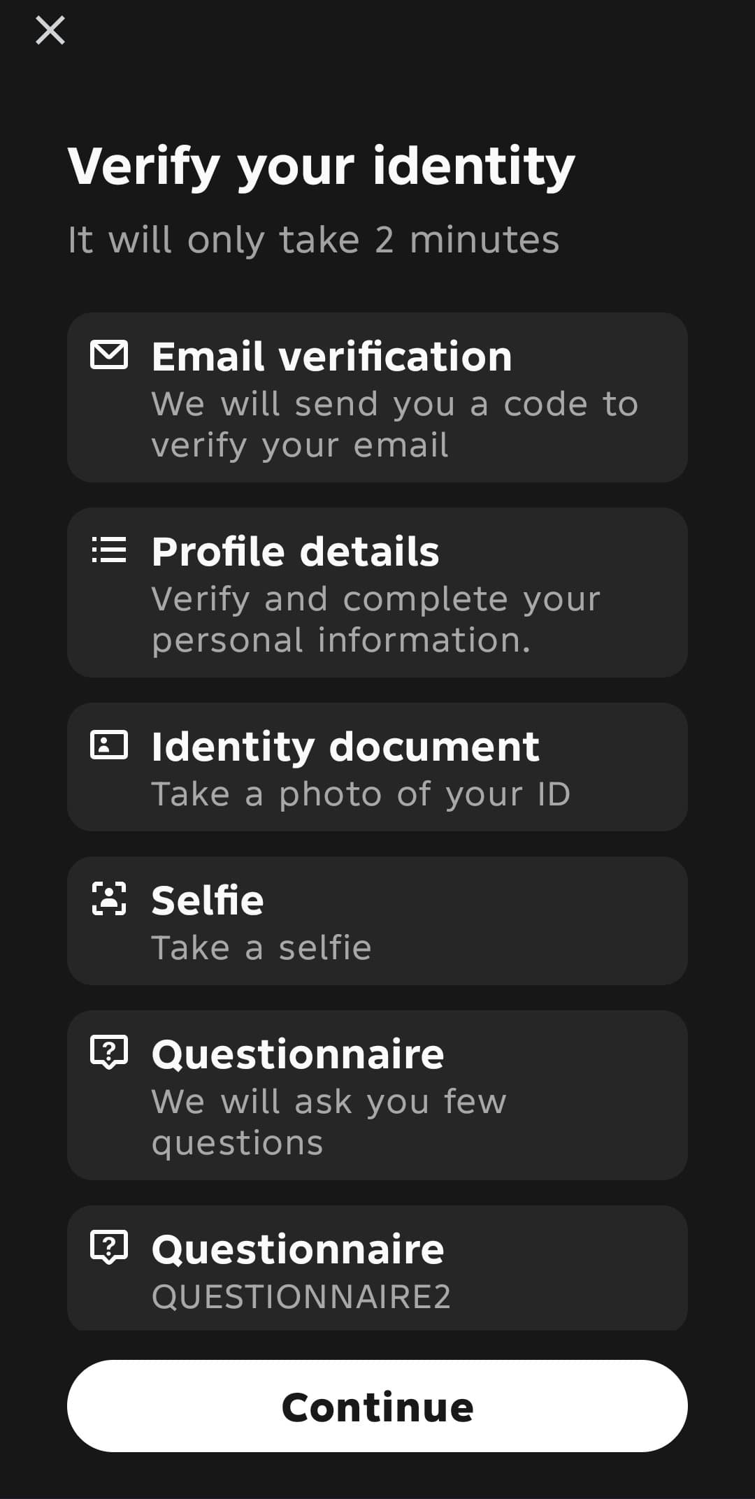 Plasma One app identity verification screen listing email verification, profile details, identity document, selfie, and questionnaire steps