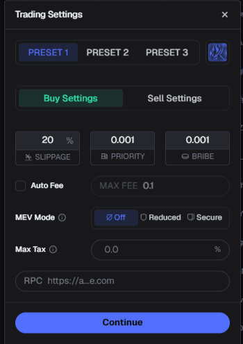 Axiom preset controls showing saved execution settings