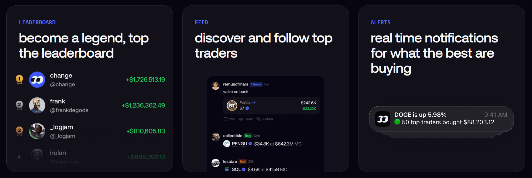FOMO features surface showing leaderboard and social trading controls