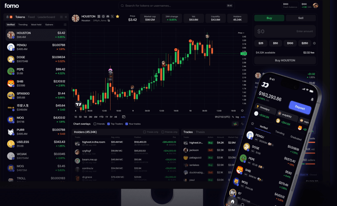 FOMO interface showing social posts, trader information and token activity