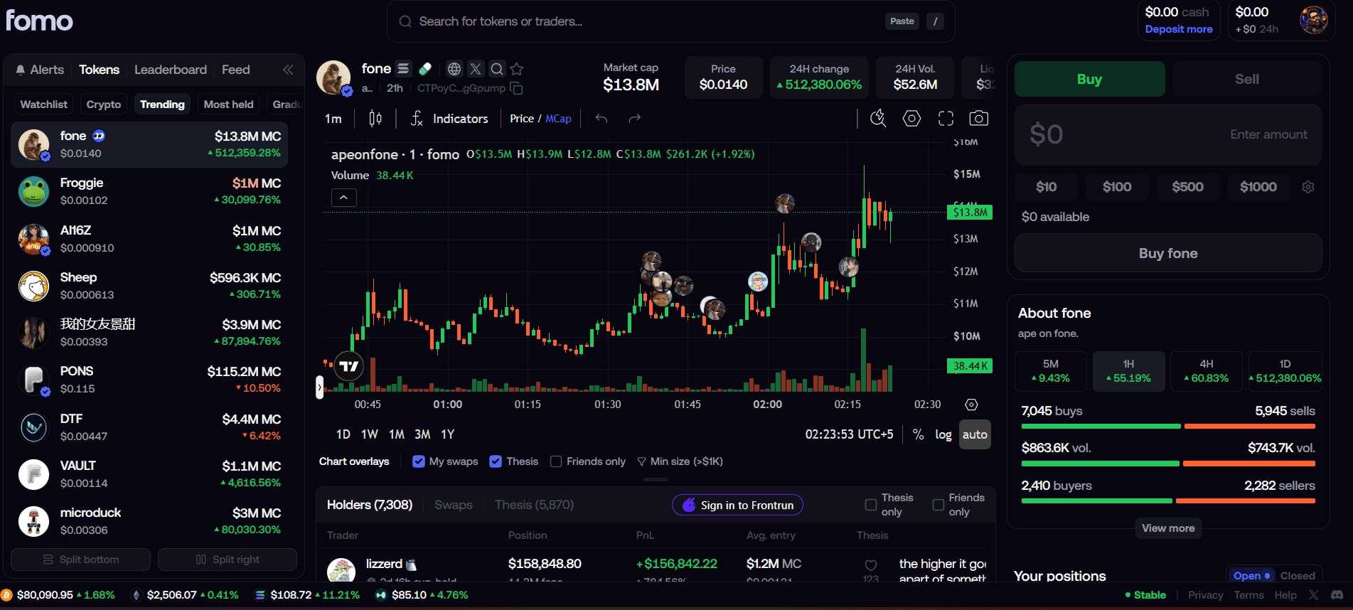FOMO browser terminal showing web trading controls