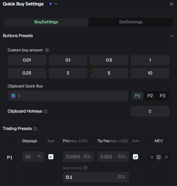 GMGN presets screen showing saved execution settings