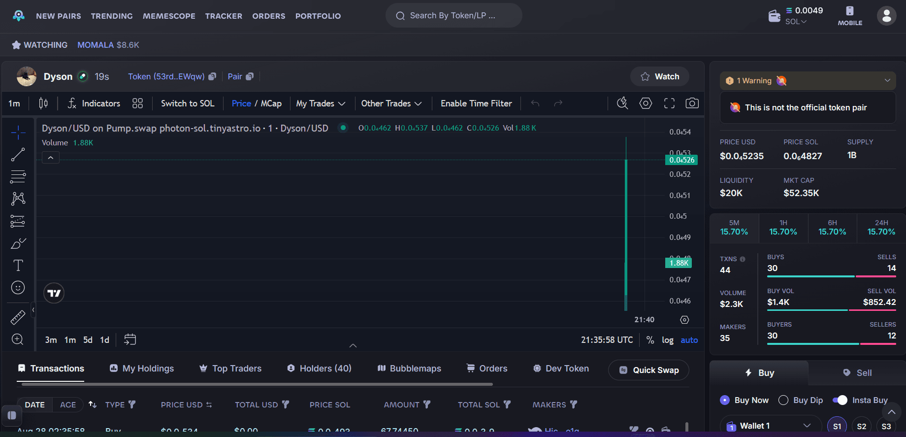 Photon token detail page showing token information and trading context