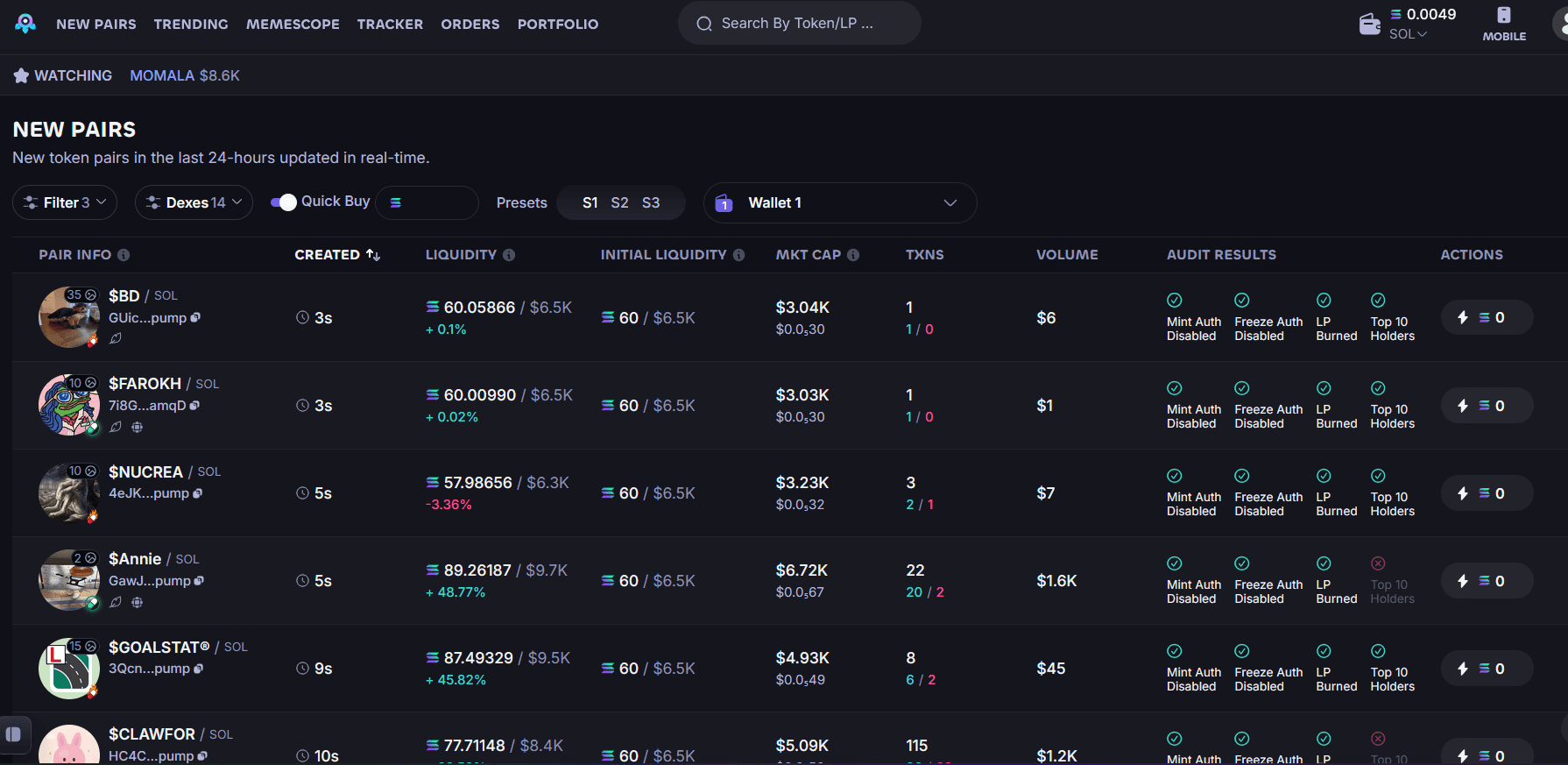 Photon homepage showing Solana token discovery and trading entry points