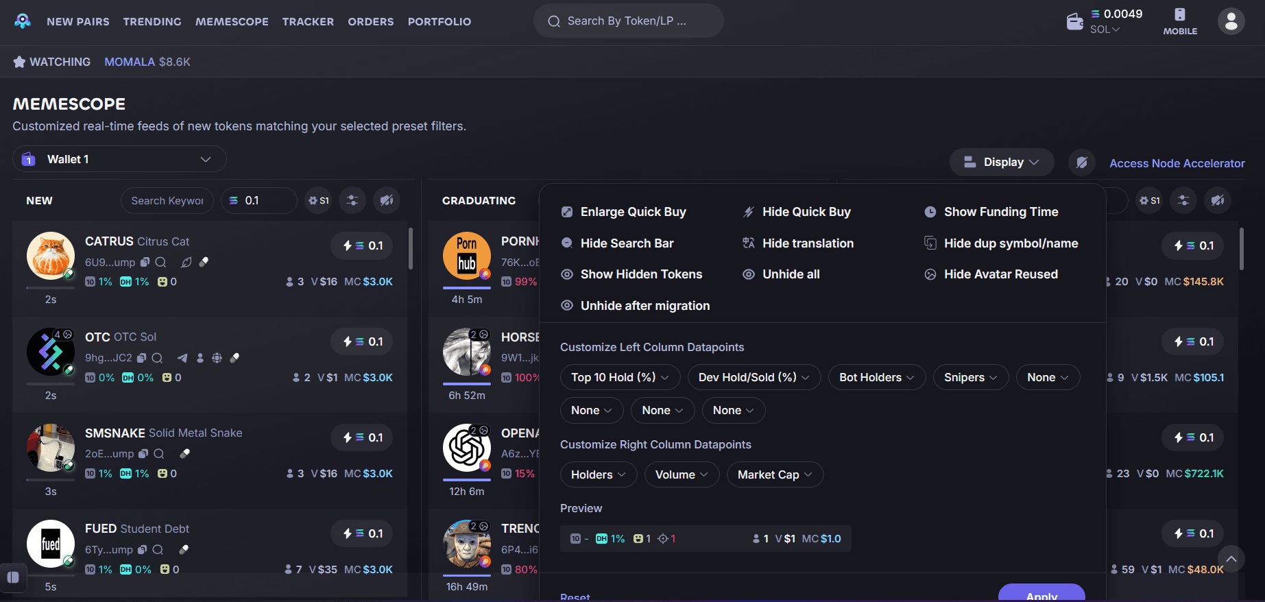 Photon MemeScope discovery feature showing meme-token candidates