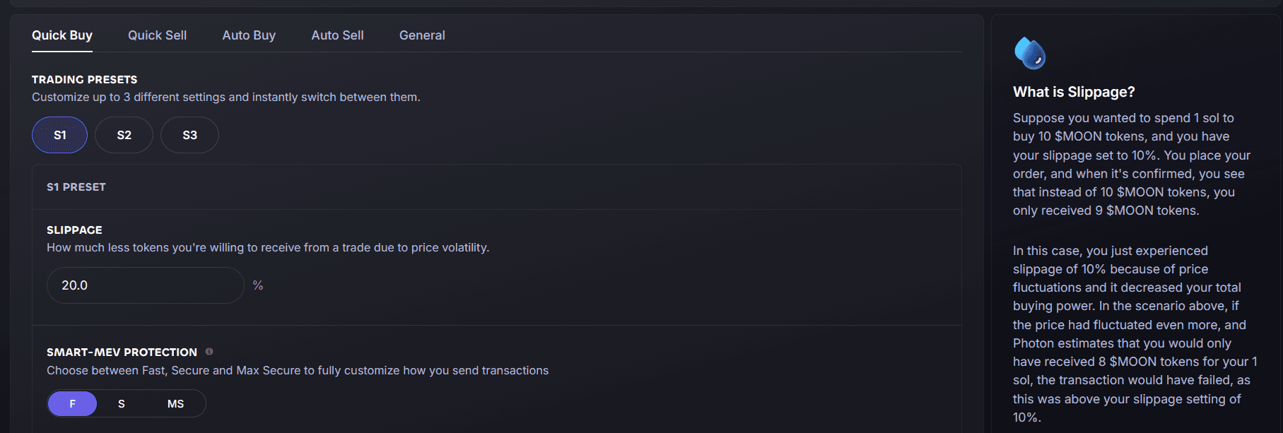 Photon settings screen showing configurable trading controls