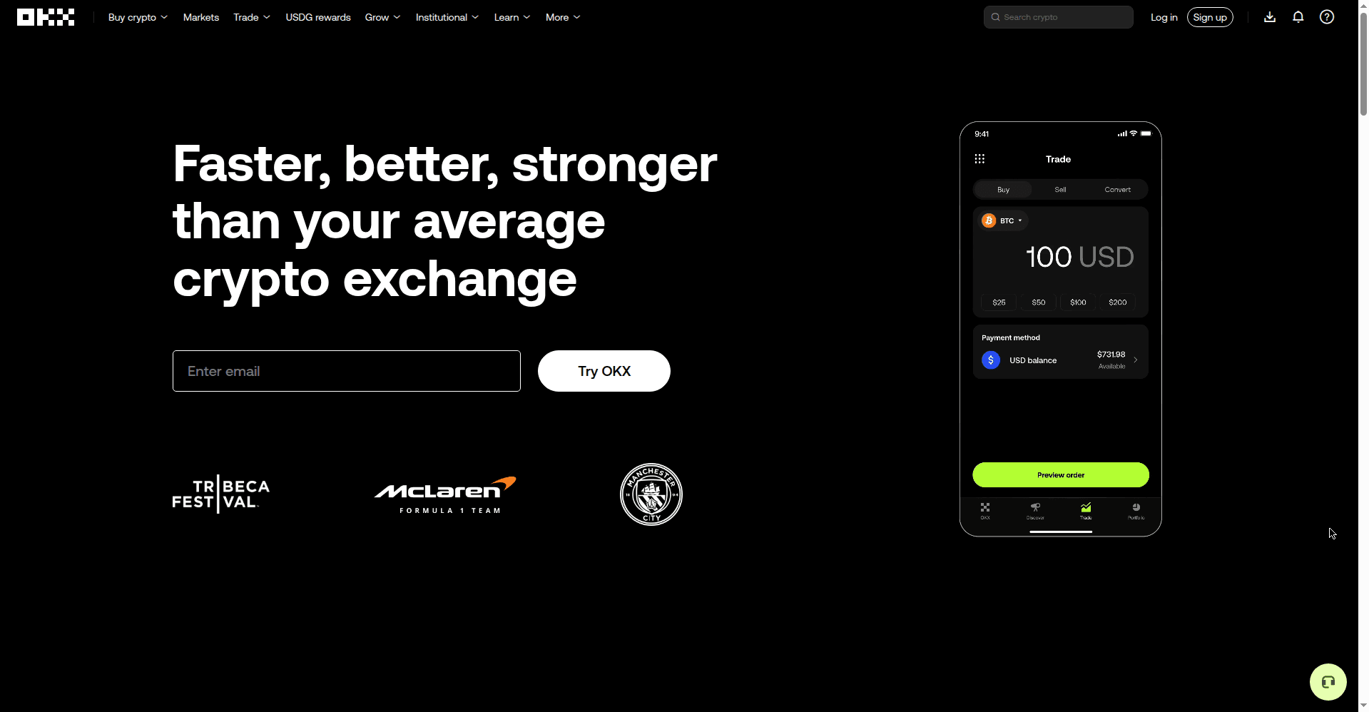 OKX homepage with trading promotions and product links