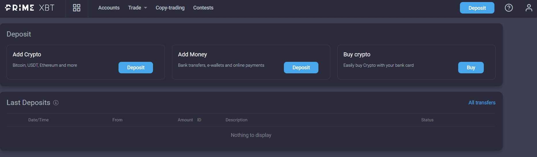 PrimeXBT account funding and deposit methods