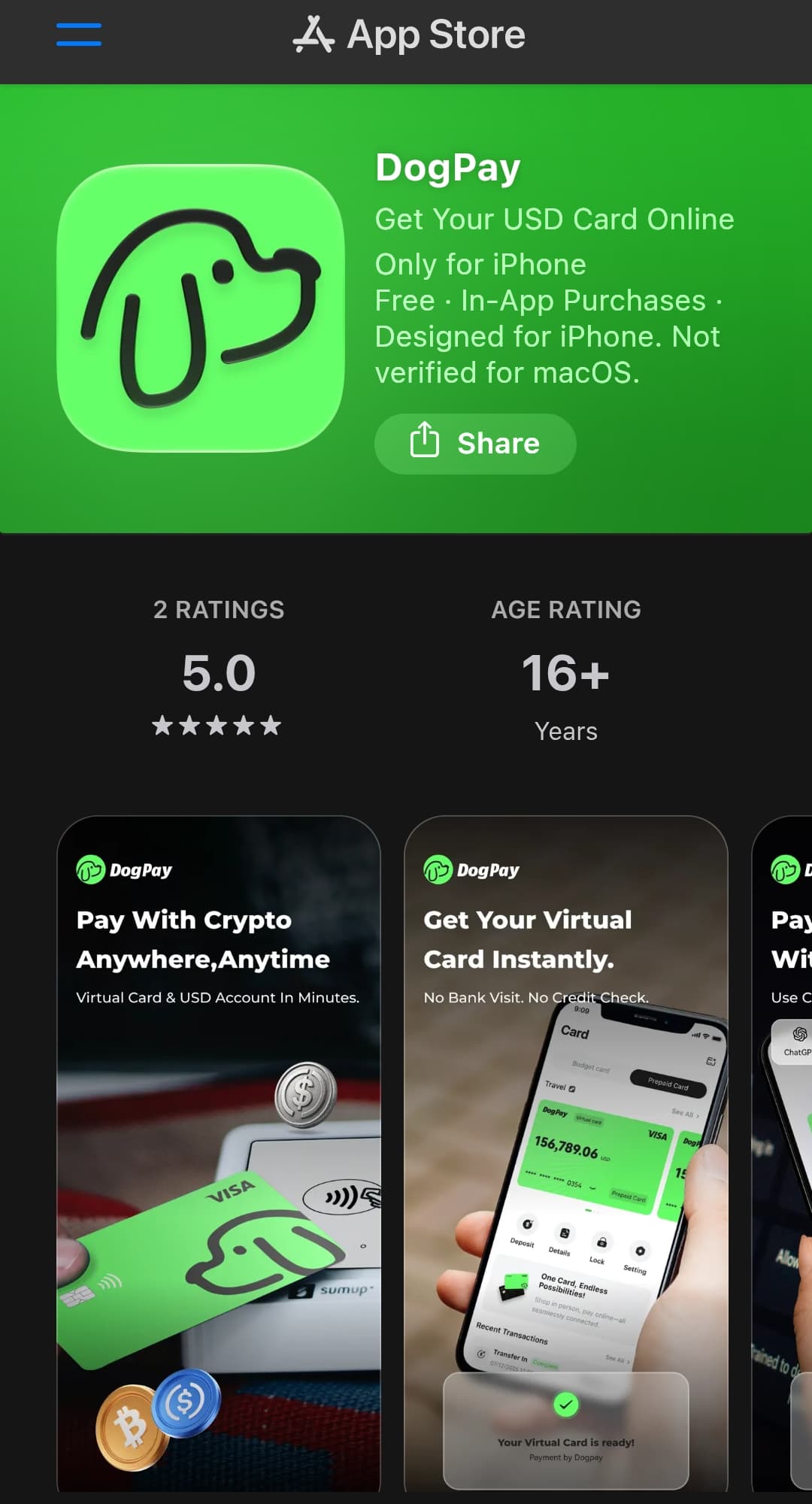 DogPay listing on the Apple App Store showing a 5.0 star rating from 2 ratings and a 16 plus age rating