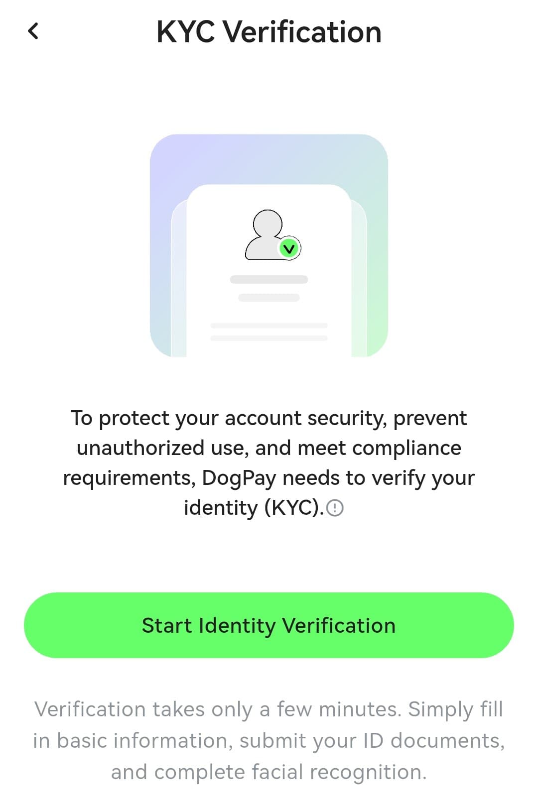 DogPay KYC verification screen with a Start Identity Verification button explaining ID document and facial recognition steps