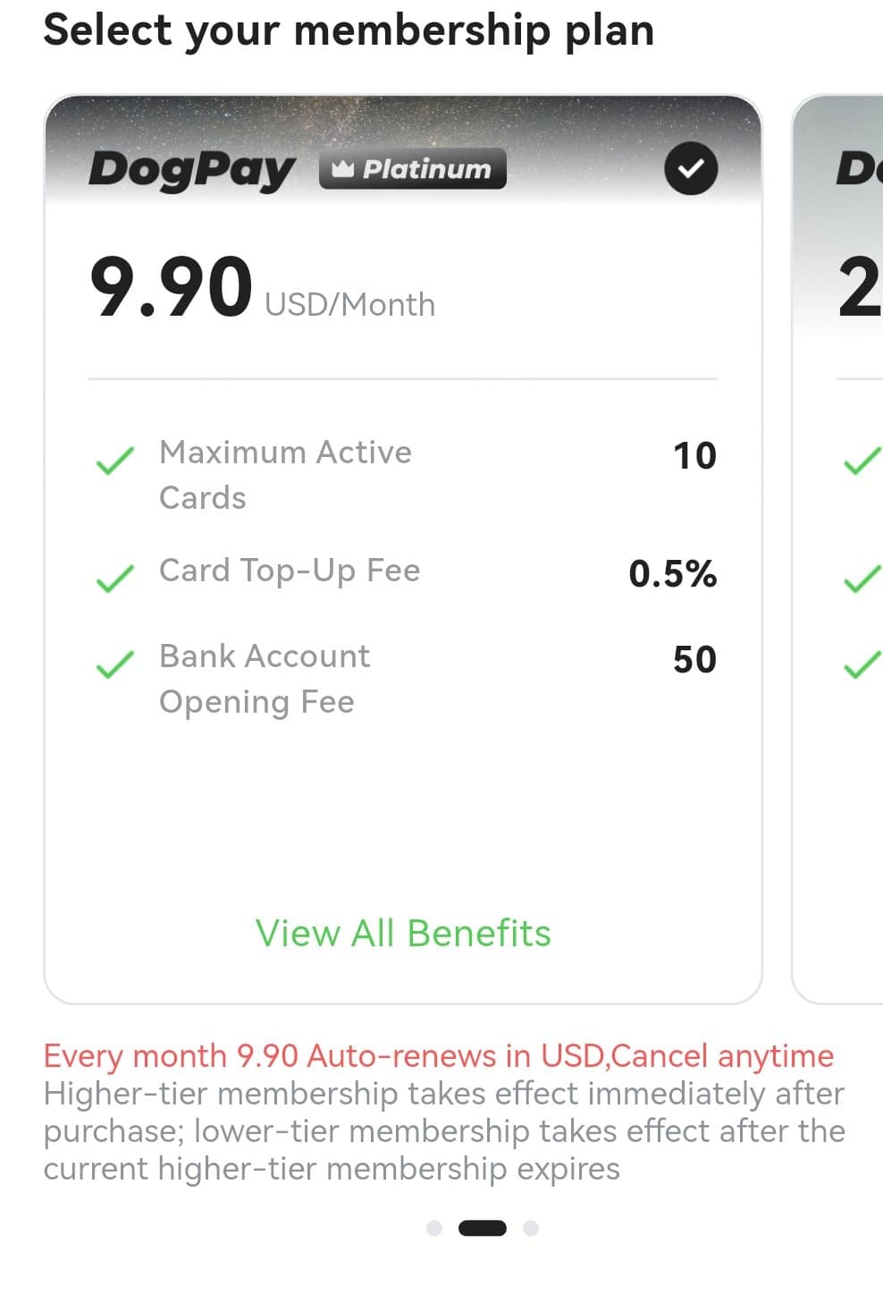 DogPay Member Center showing the Platinum plan at 9.90 USD per month with 10 maximum active cards and 0.5 percent card top-up fee