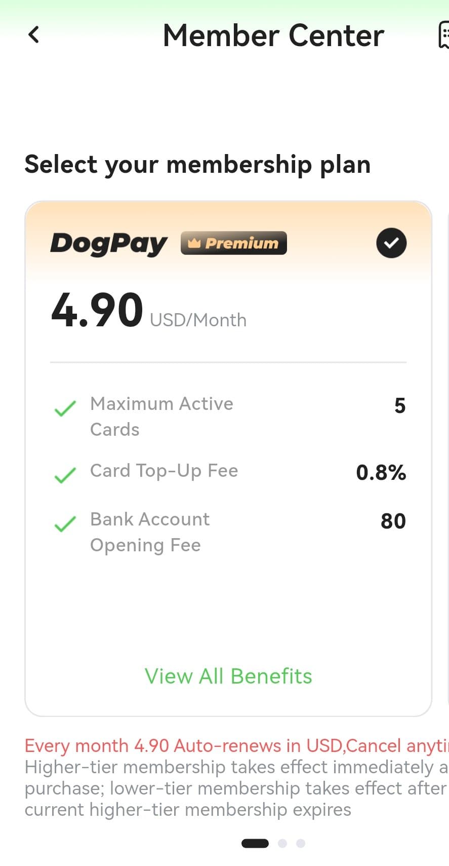 DogPay Member Center showing the Premium plan at 4.90 USD per month with 5 maximum active cards and 0.8 percent card top-up fee
