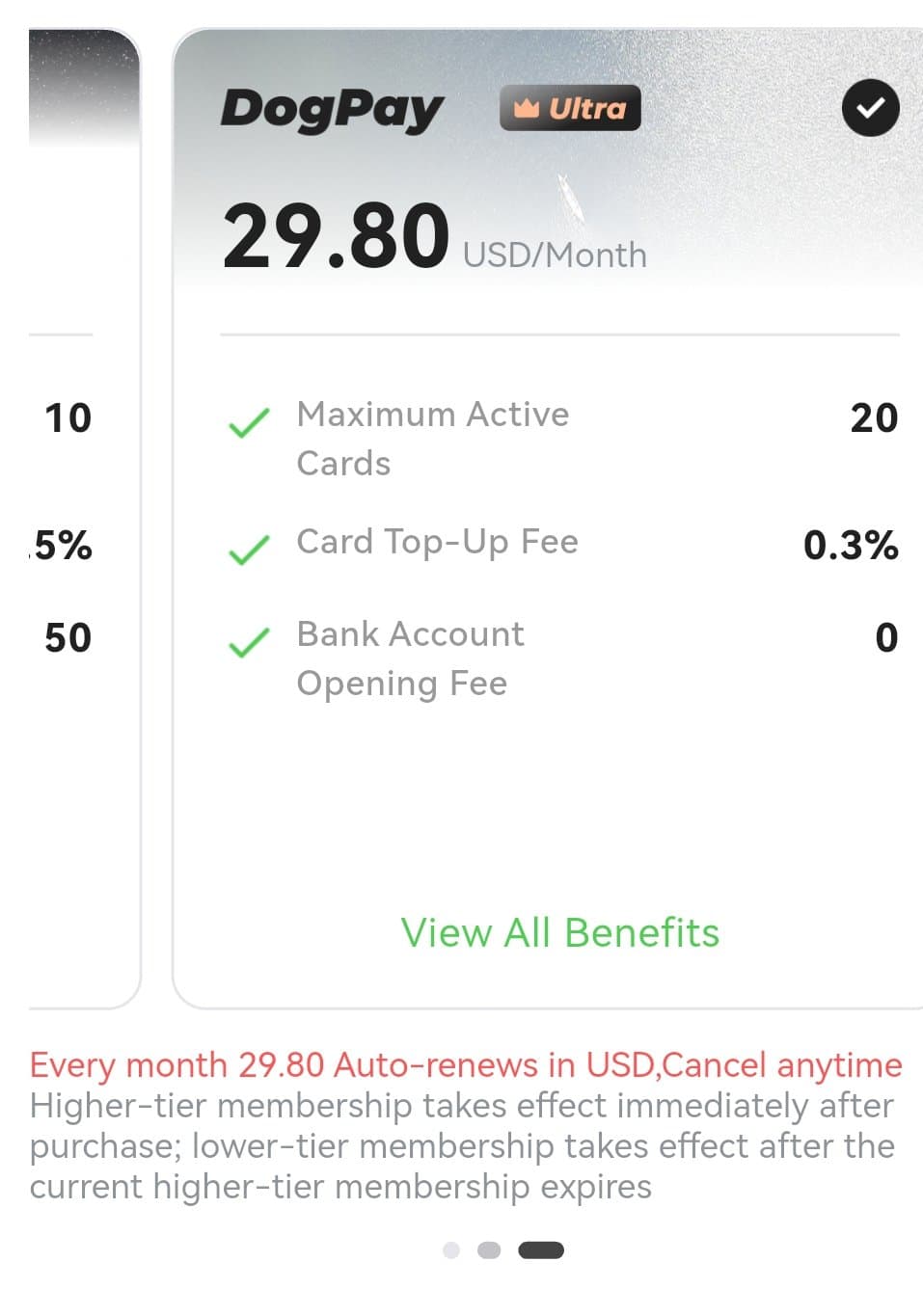 DogPay Member Center showing the Ultra plan at 29.80 USD per month with 20 maximum active cards and 0.3 percent card top-up fee