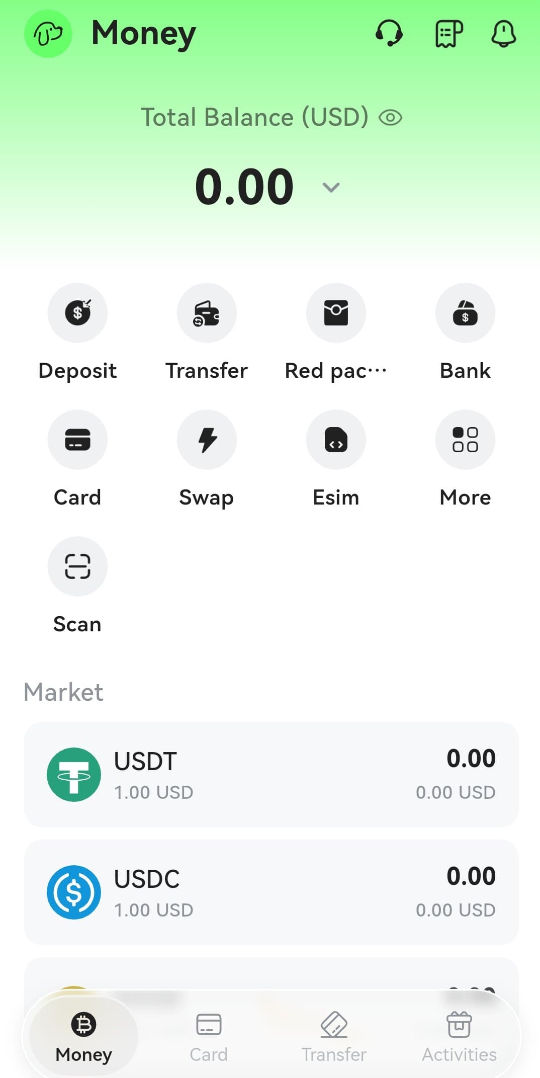 DogPay app Money tab showing total USD balance with Deposit, Transfer, Red packet, Bank, Card, Swap, Esim and Scan options